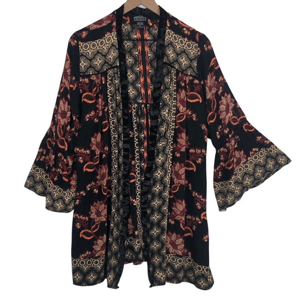 ANGIE Boho Floral Velvet Trim Bell Sleeve Kimono Cardigan Sz L Black Orange
